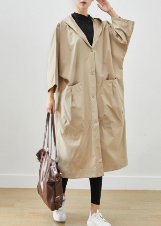 Plus Size Beige Hette Oversized Cotton Coats Batwing Sleeve