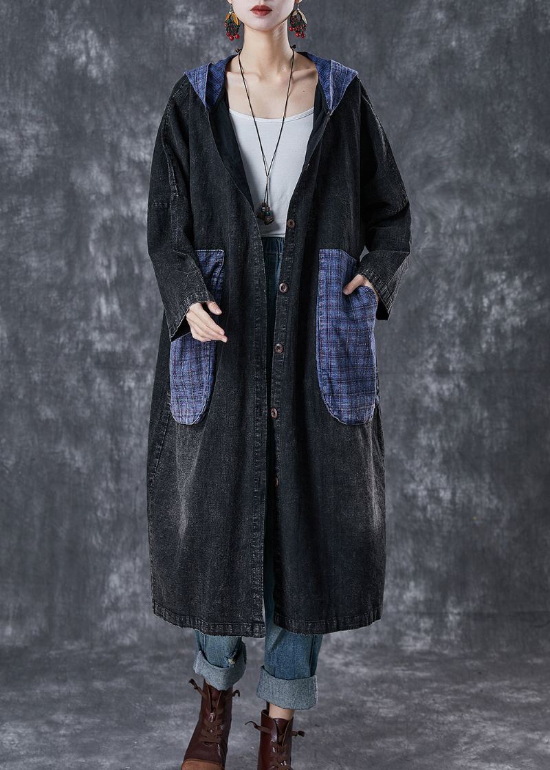 Plus Size Black Hette Patchwork Store Lommer Denim Coats Fall