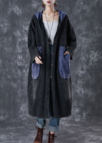 Plus Size Black Hette Patchwork Store Lommer Denim Coats Fall