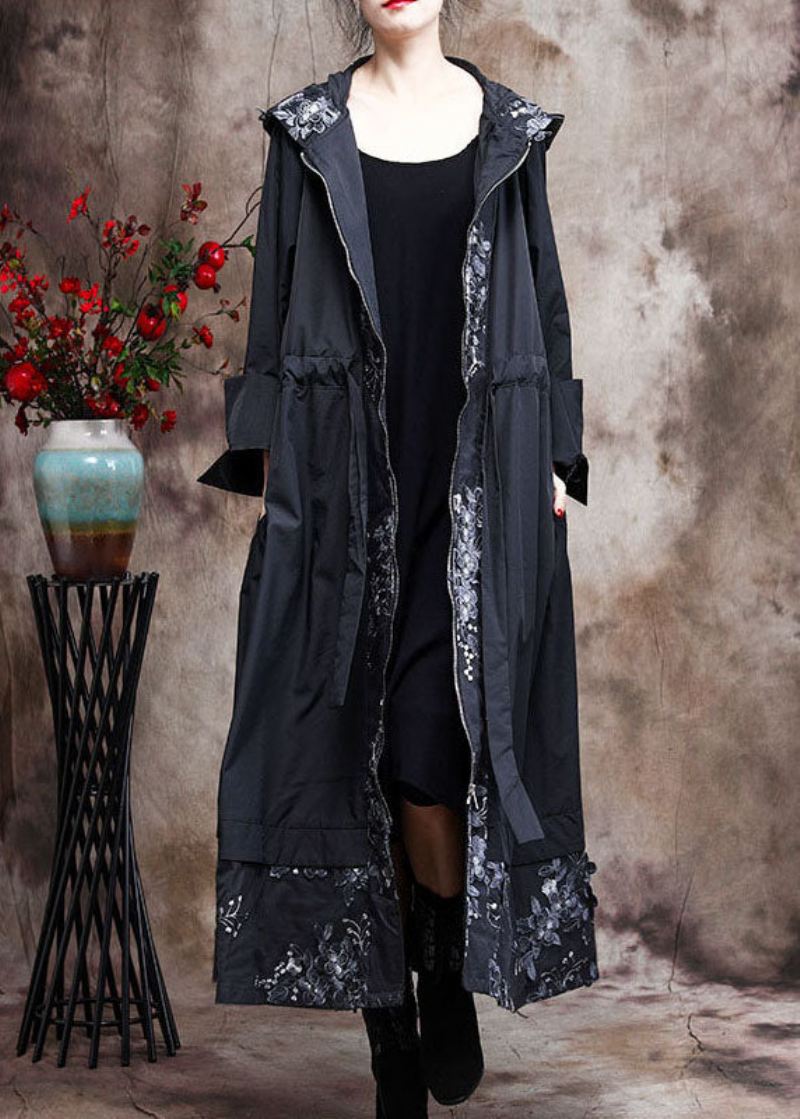 Plus Size Black Hette Patchwork Trenchcoats - Svart