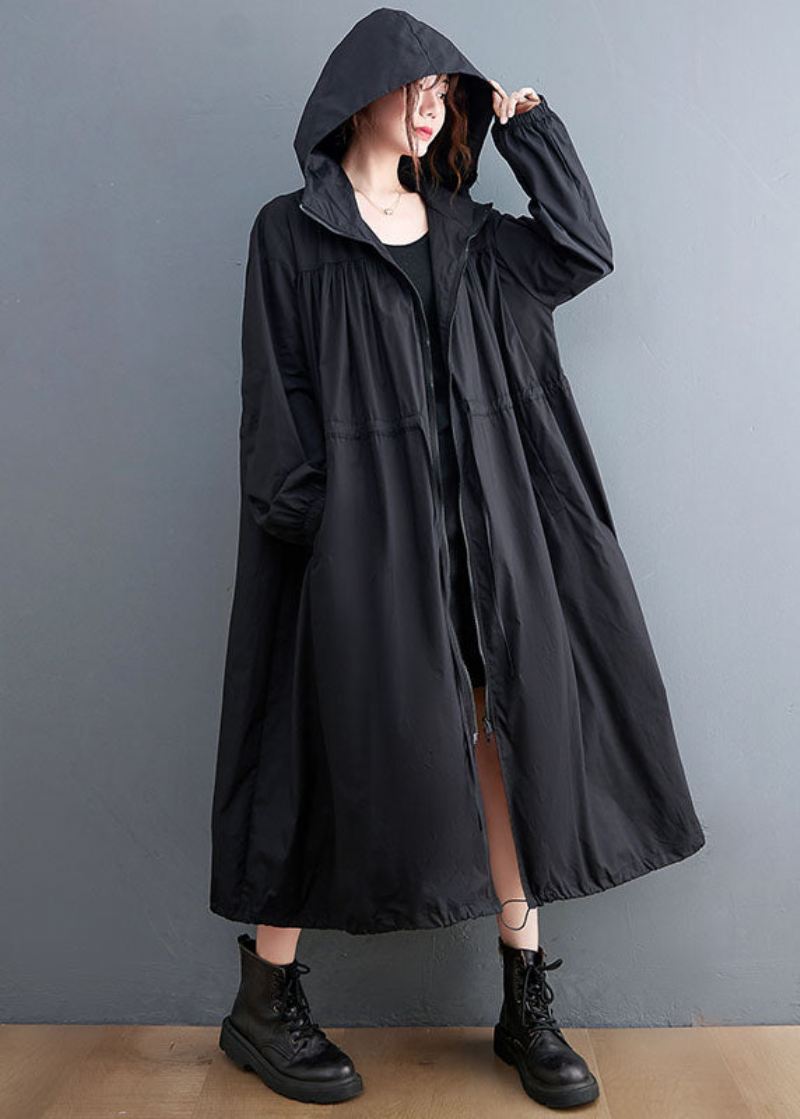 Plus Size Black Hette Snøring Cotton Trench Coat Spring