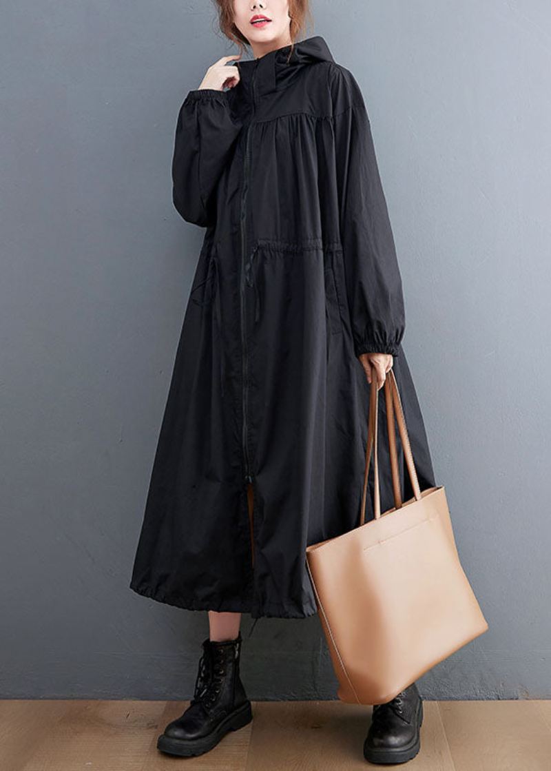 Plus Size Black Hette Snøring Cotton Trench Coat Spring - Trenchcoats for kvinner