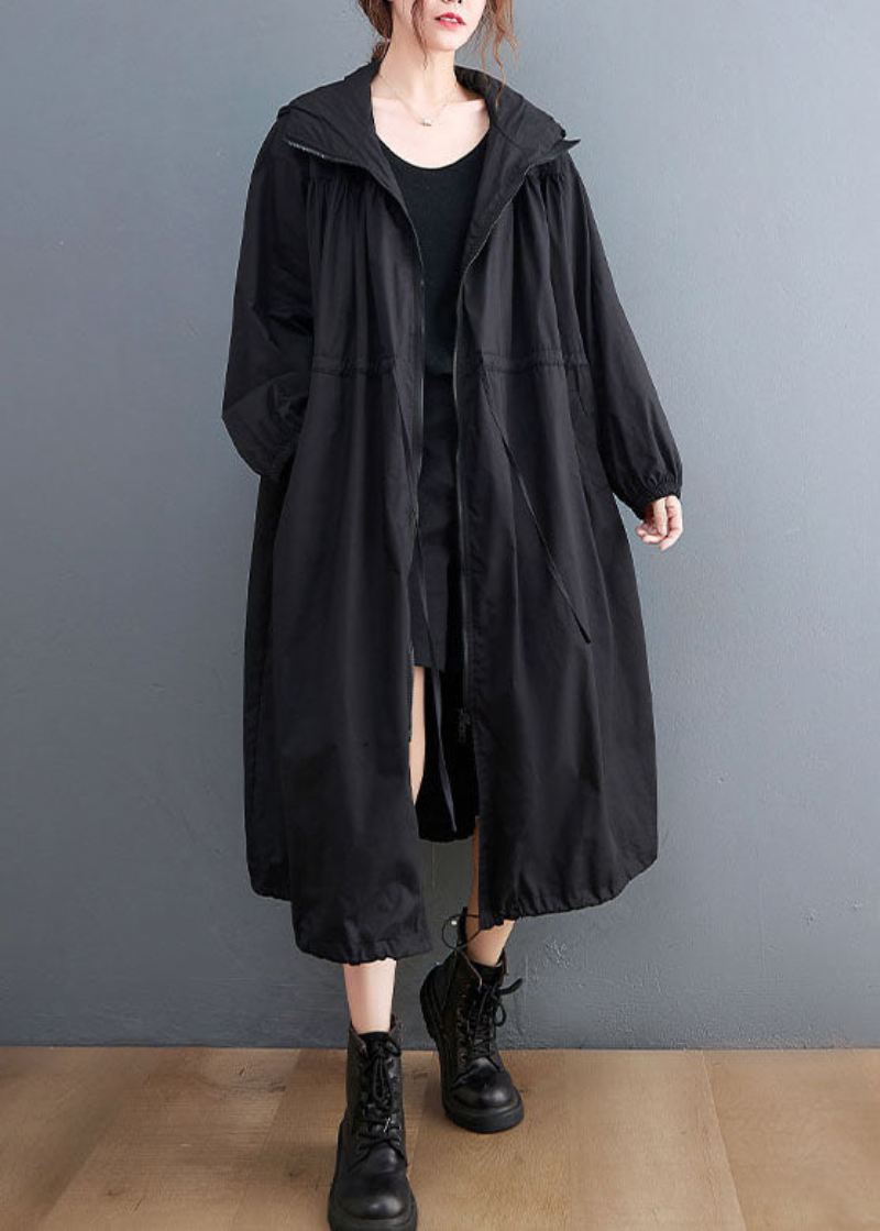 Plus Size Black Hette Snøring Cotton Trench Coat Spring - Trenchcoats for kvinner