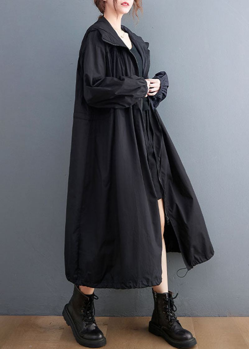 Plus Size Black Hette Snøring Cotton Trench Coat Spring - Trenchcoats for kvinner