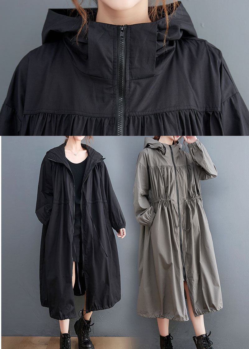 Plus Size Black Hette Snøring Cotton Trench Coat Spring - Trenchcoats for kvinner