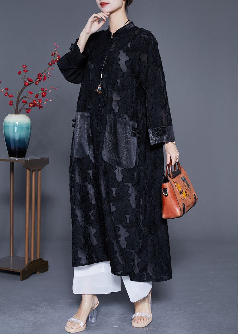 Plus Size Black Oversized Hollow Out Lace Upf 50+ Trench Coats Sommer - Trenchcoats for kvinner