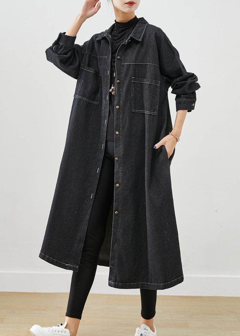 Plus Size Black Oversized Lommer Bomull Frakker Fall