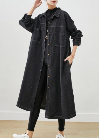 Plus Size Black Oversized Lommer Bomull Frakker Fall