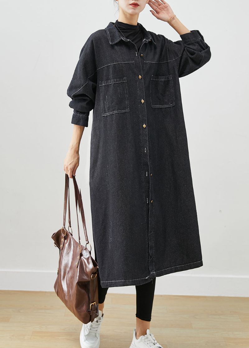 Plus Size Black Oversized Lommer Bomull Frakker Fall - Trenchcoats for kvinner