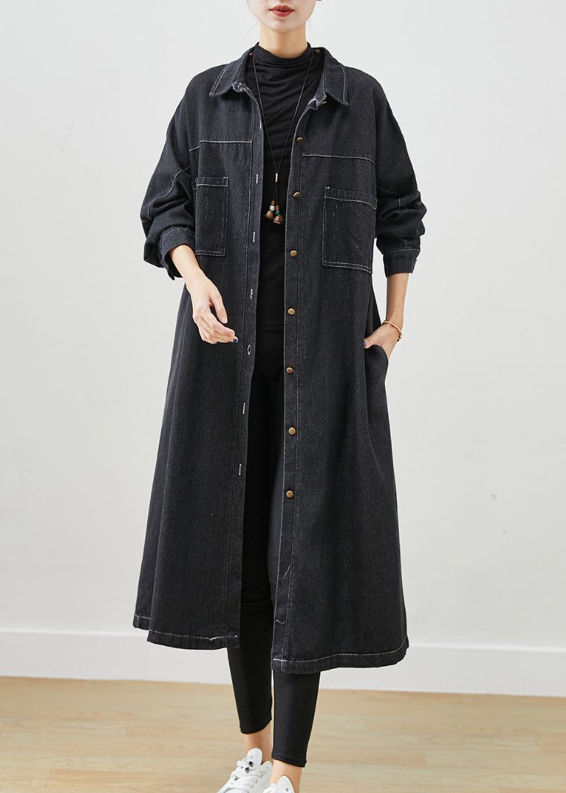 Plus Size Black Oversized Lommer Bomull Frakker Fall - Trenchcoats for kvinner