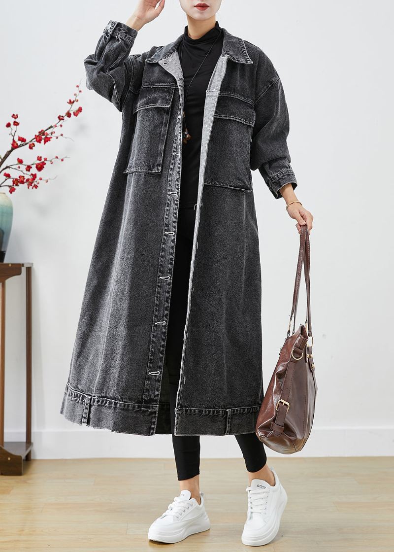 Plus Size Black Oversized Lommer Denim Trench Coats Høst