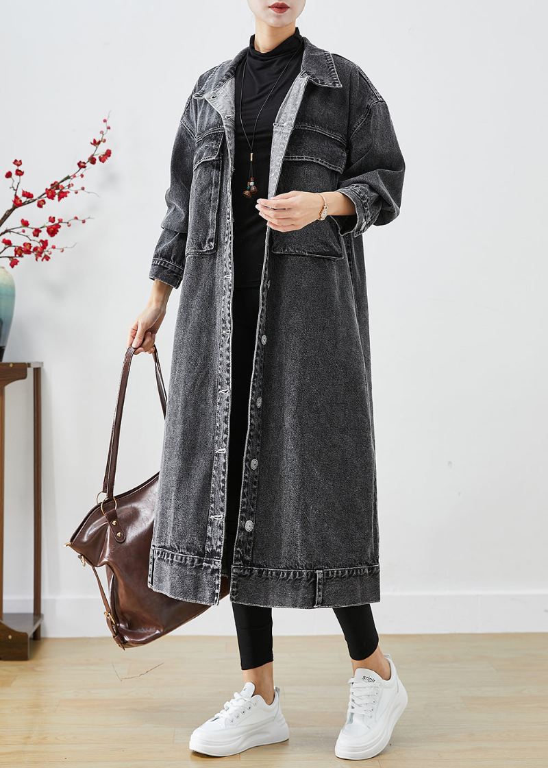 Plus Size Black Oversized Lommer Denim Trench Coats Høst - Trenchcoats for kvinner