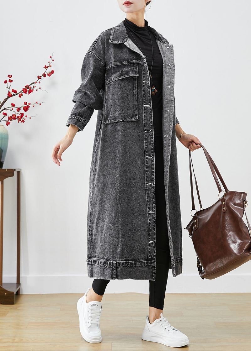 Plus Size Black Oversized Lommer Denim Trench Coats Høst - Trenchcoats for kvinner