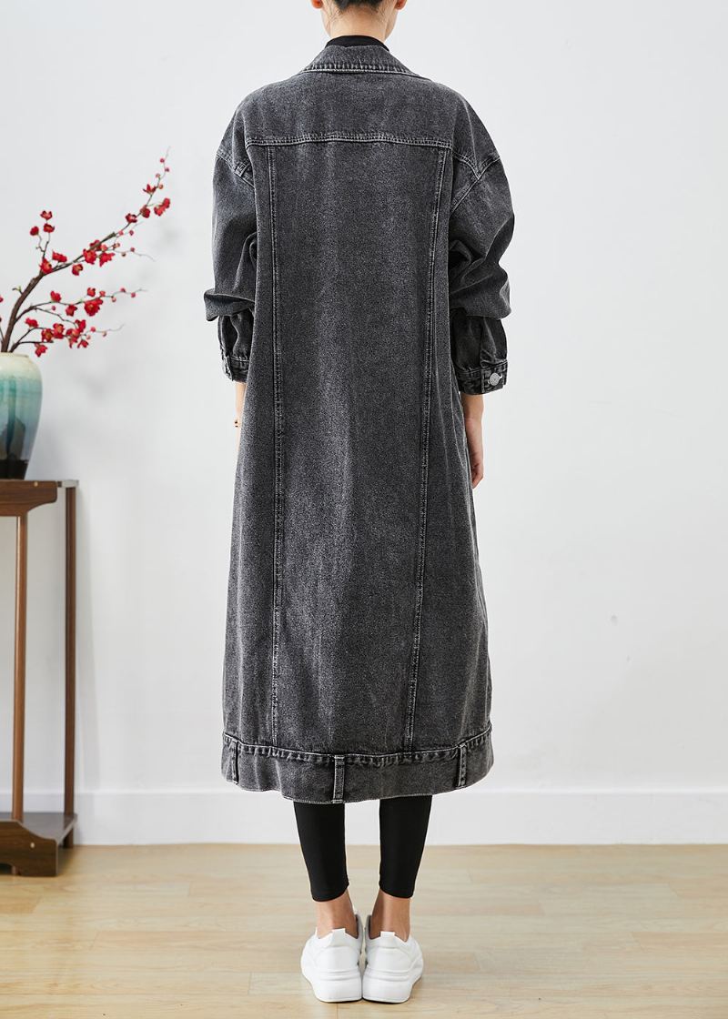 Plus Size Black Oversized Lommer Denim Trench Coats Høst - Trenchcoats for kvinner