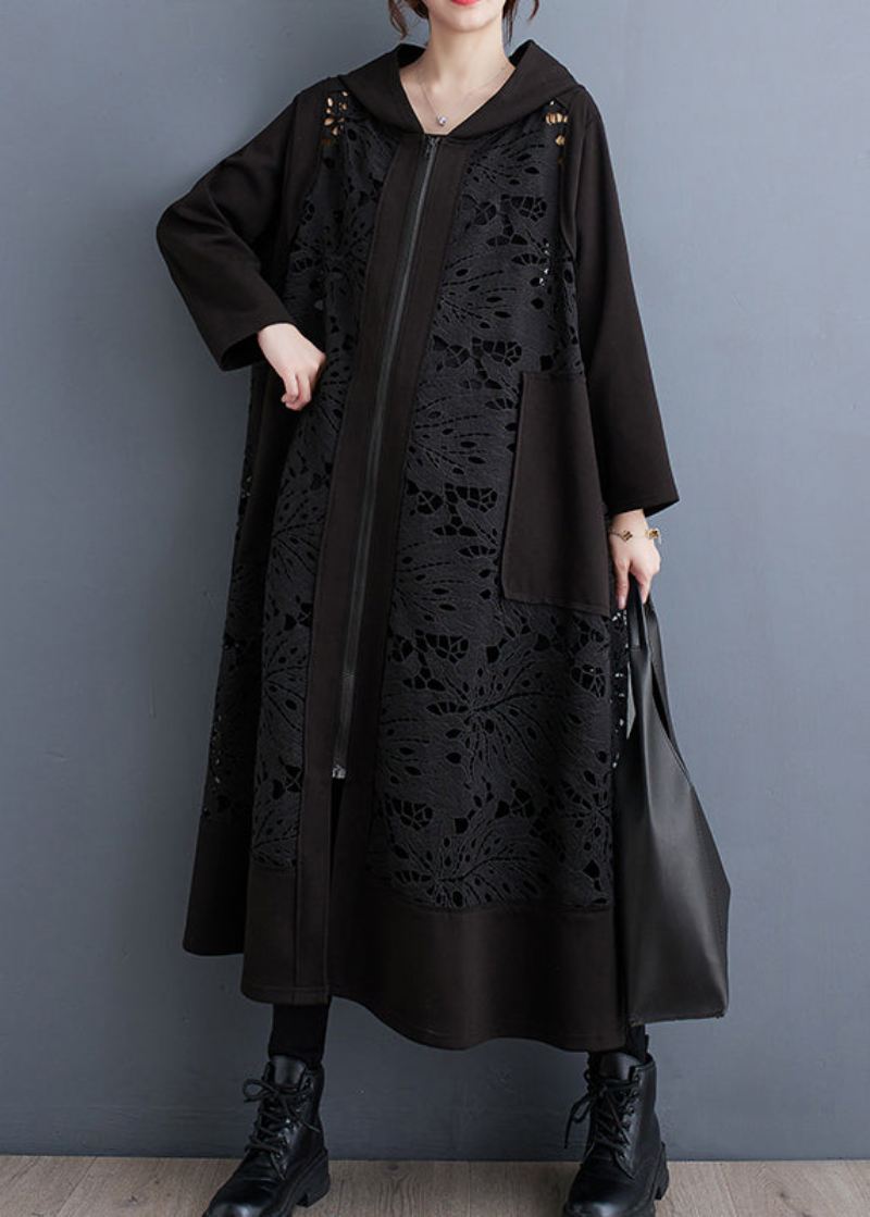 Plus Size Black Oversized Patchwork Hollow Out Cotton Coat Spring - Trenchcoats for kvinner