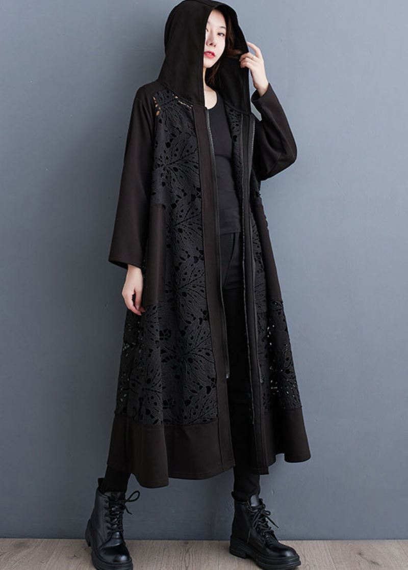 Plus Size Black Oversized Patchwork Hollow Out Cotton Coat Spring - Trenchcoats for kvinner