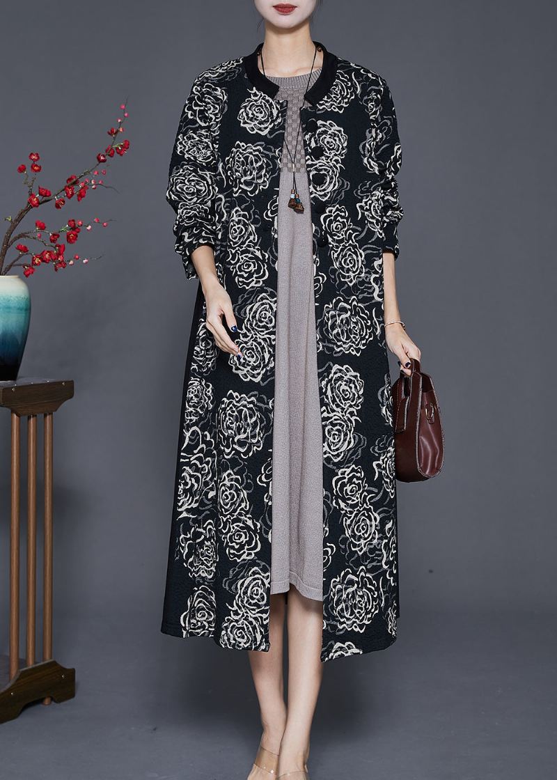 Plus Size Black Oversized Patchwork Print Cotton Trench Fall - Trenchcoats for kvinner