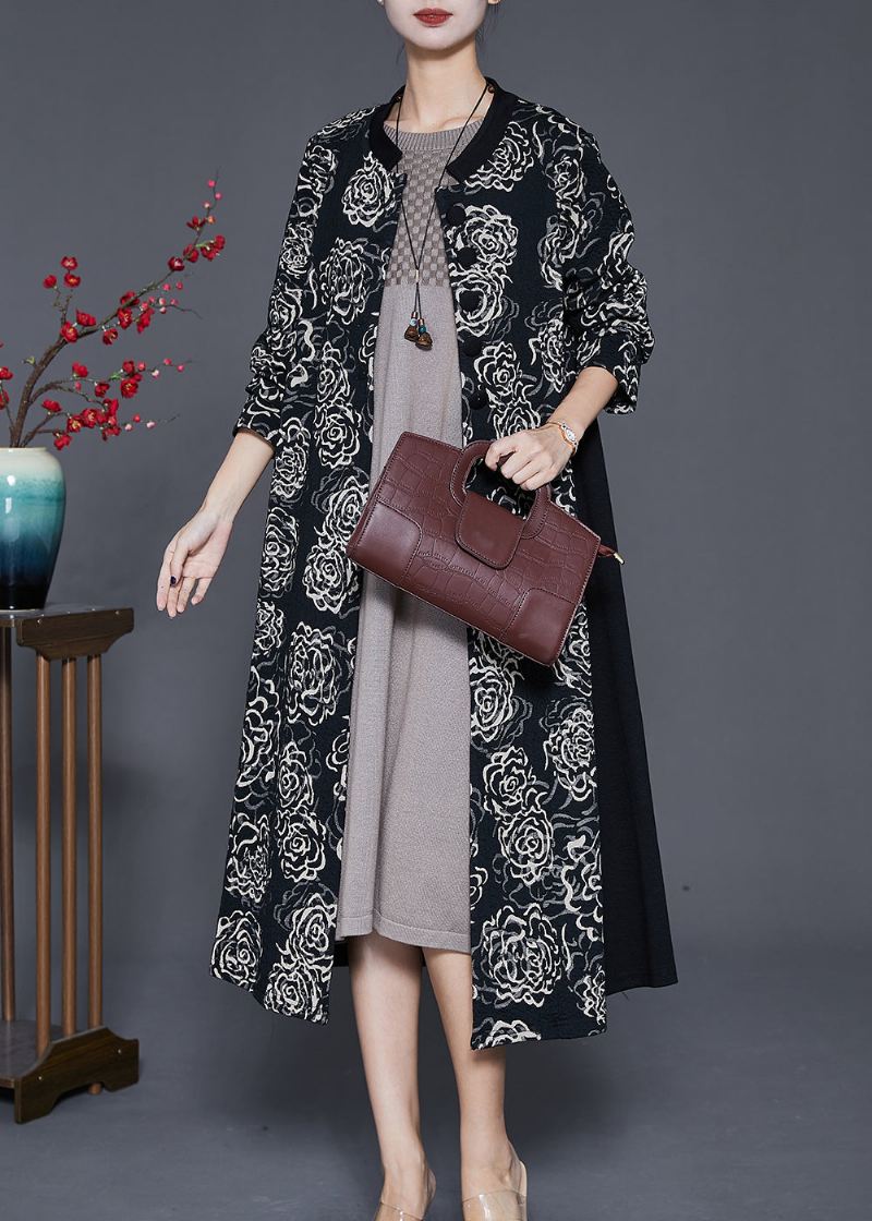 Plus Size Black Oversized Patchwork Print Cotton Trench Fall - Trenchcoats for kvinner