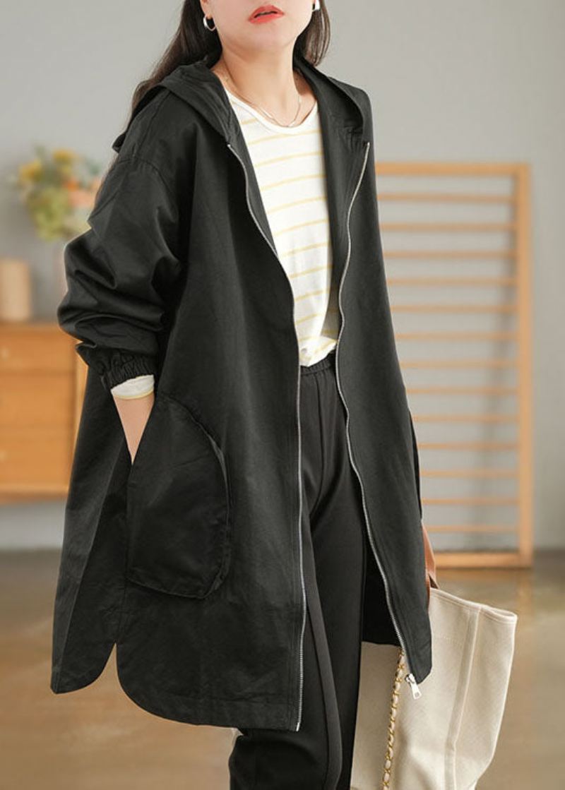 Plus Size Black Zip Up Ensfarget Trench Coats I Bomull Høst