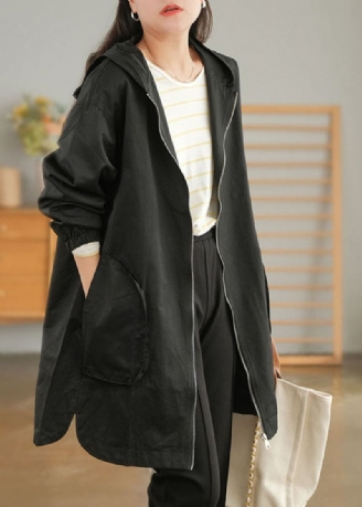 Plus Size Black Zip Up Ensfarget Trench Coats I Bomull Høst