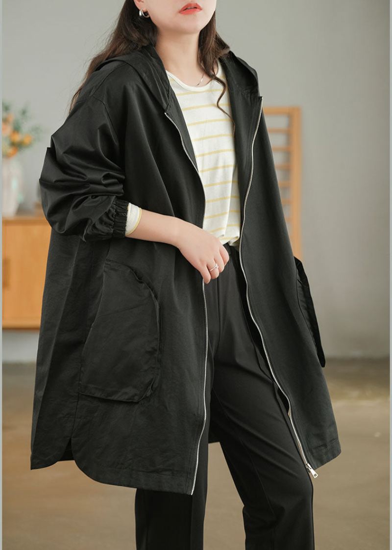 Plus Size Black Zip Up Ensfarget Trench Coats I Bomull Høst - Svart