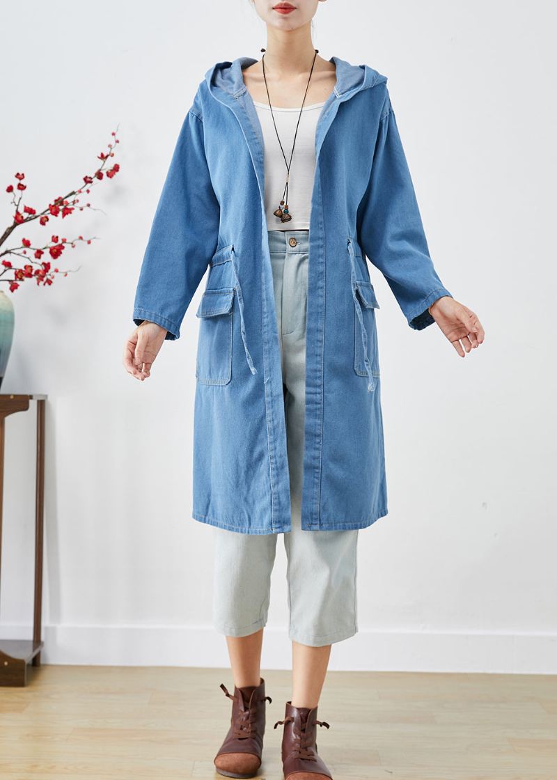 Plus Size Blue Cinched Hette Denim Trench Fall - Trenchcoats for kvinner