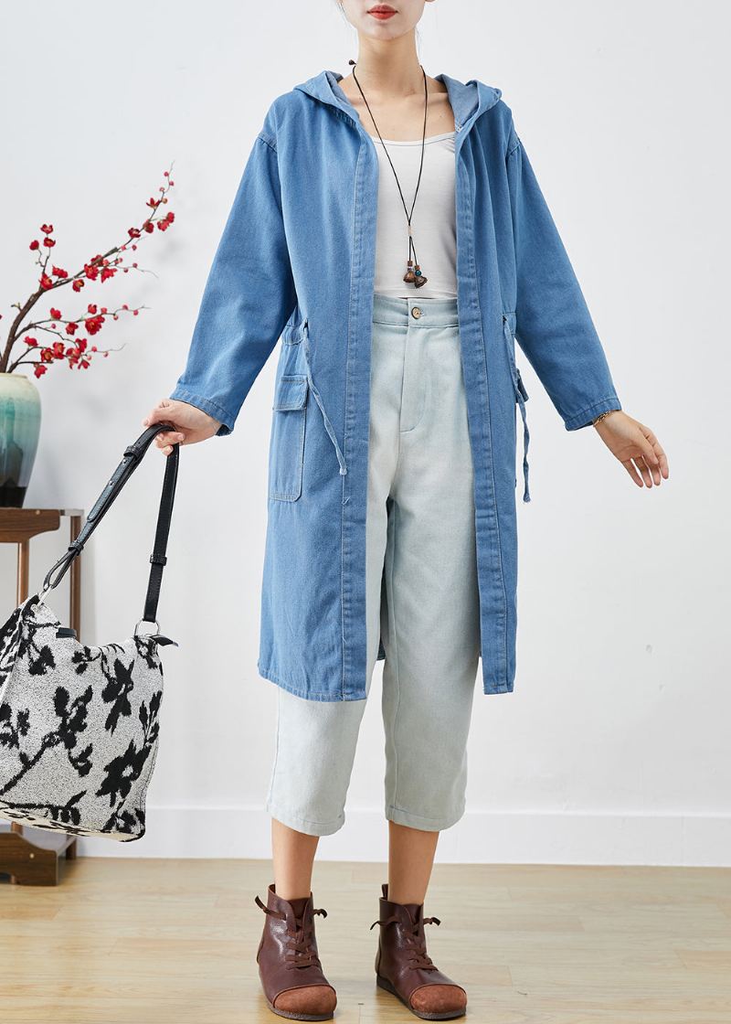 Plus Size Blue Cinched Hette Denim Trench Fall - Trenchcoats for kvinner