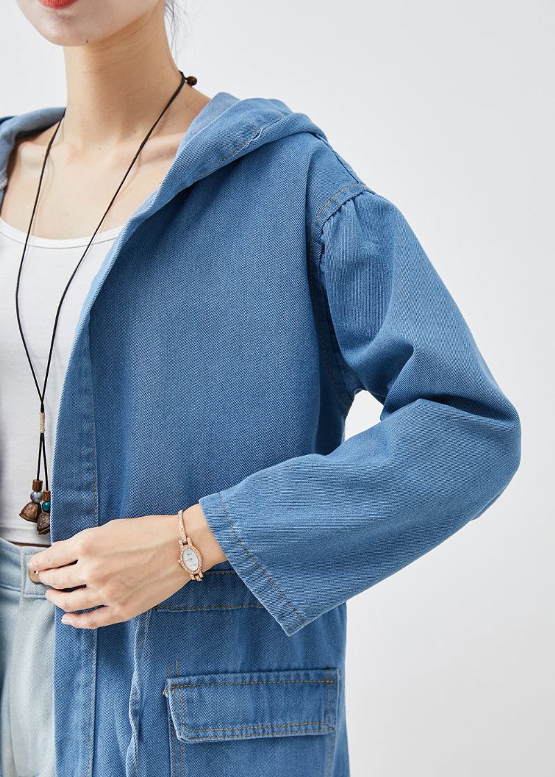 Plus Size Blue Cinched Hette Denim Trench Fall - Trenchcoats for kvinner