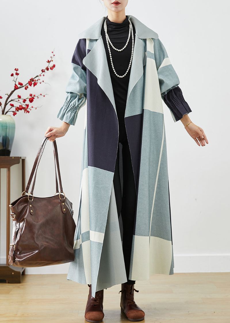 Plus Size Blue Oversized Patchwork Cotton Trench Fall