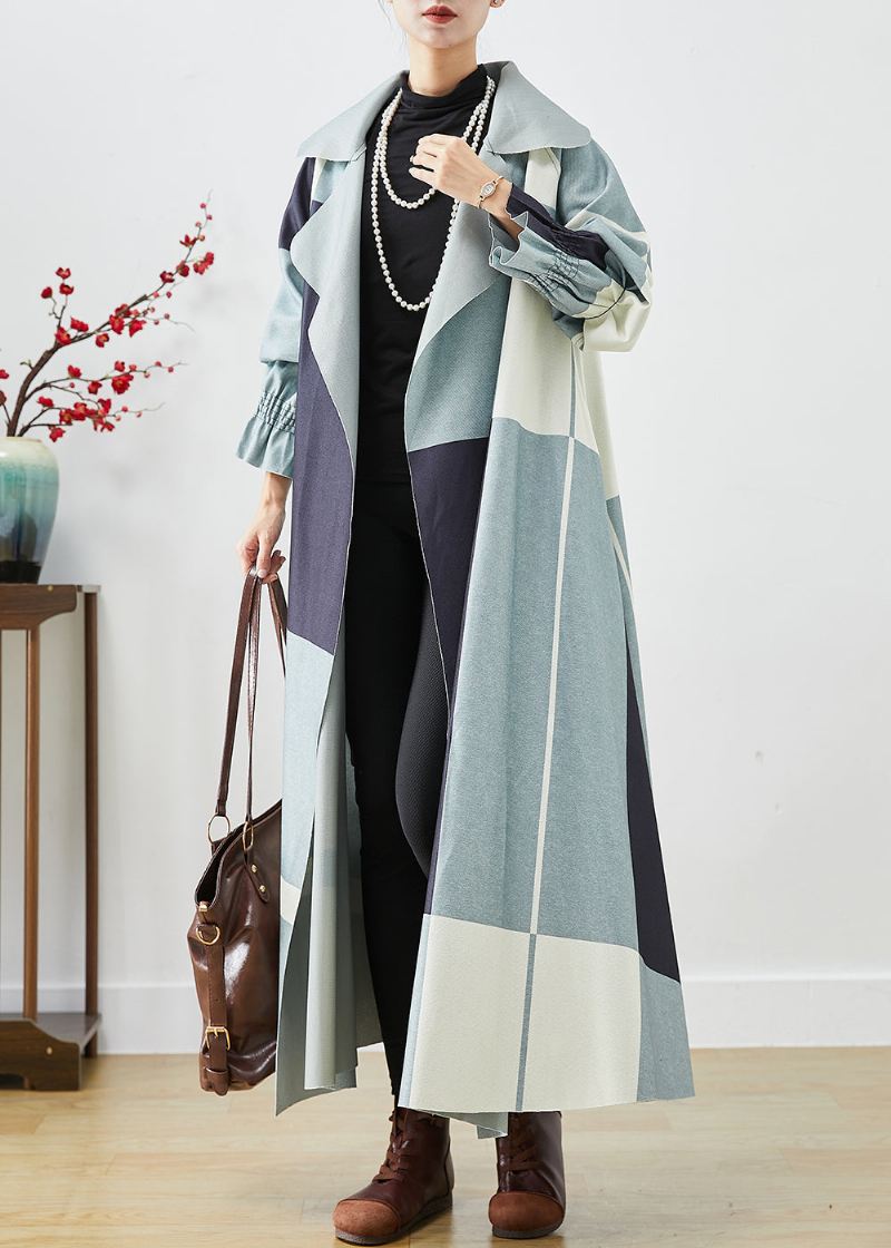 Plus Size Blue Oversized Patchwork Cotton Trench Fall - Trenchcoats for kvinner