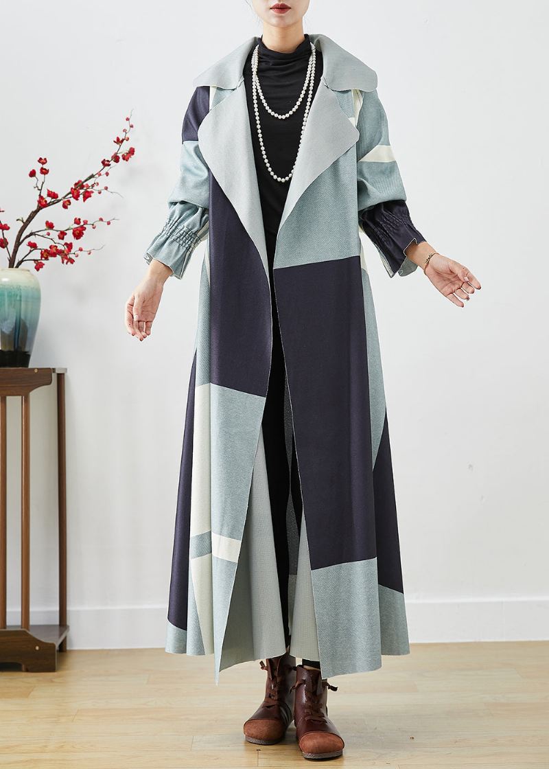 Plus Size Blue Oversized Patchwork Cotton Trench Fall - Trenchcoats for kvinner