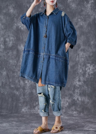 Plus Size Blue Oversized Patchwork Denim Ripped Trench Coats Fall