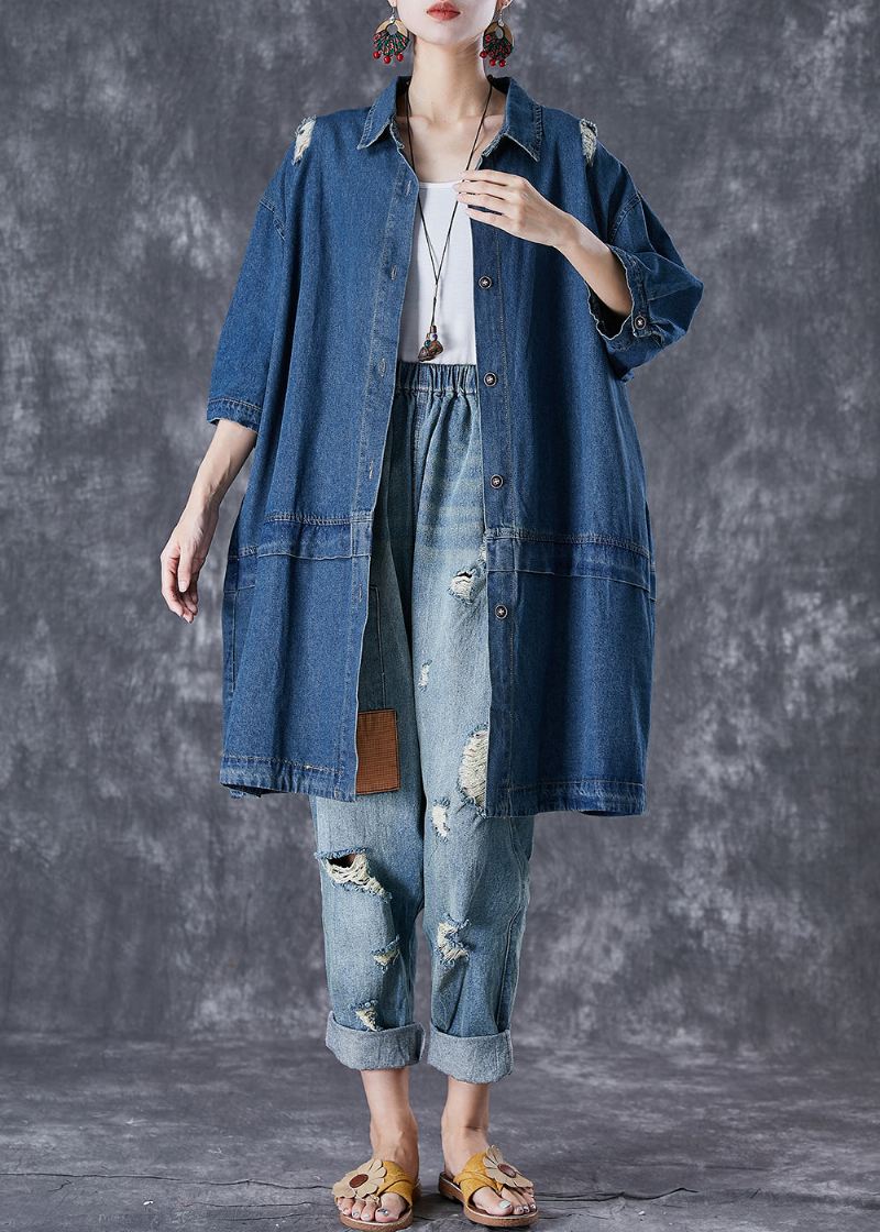 Plus Size Blue Oversized Patchwork Denim Ripped Trench Coats Fall - Trenchcoats for kvinner