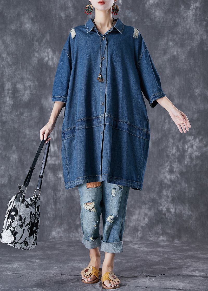 Plus Size Blue Oversized Patchwork Denim Ripped Trench Coats Fall - Trenchcoats for kvinner