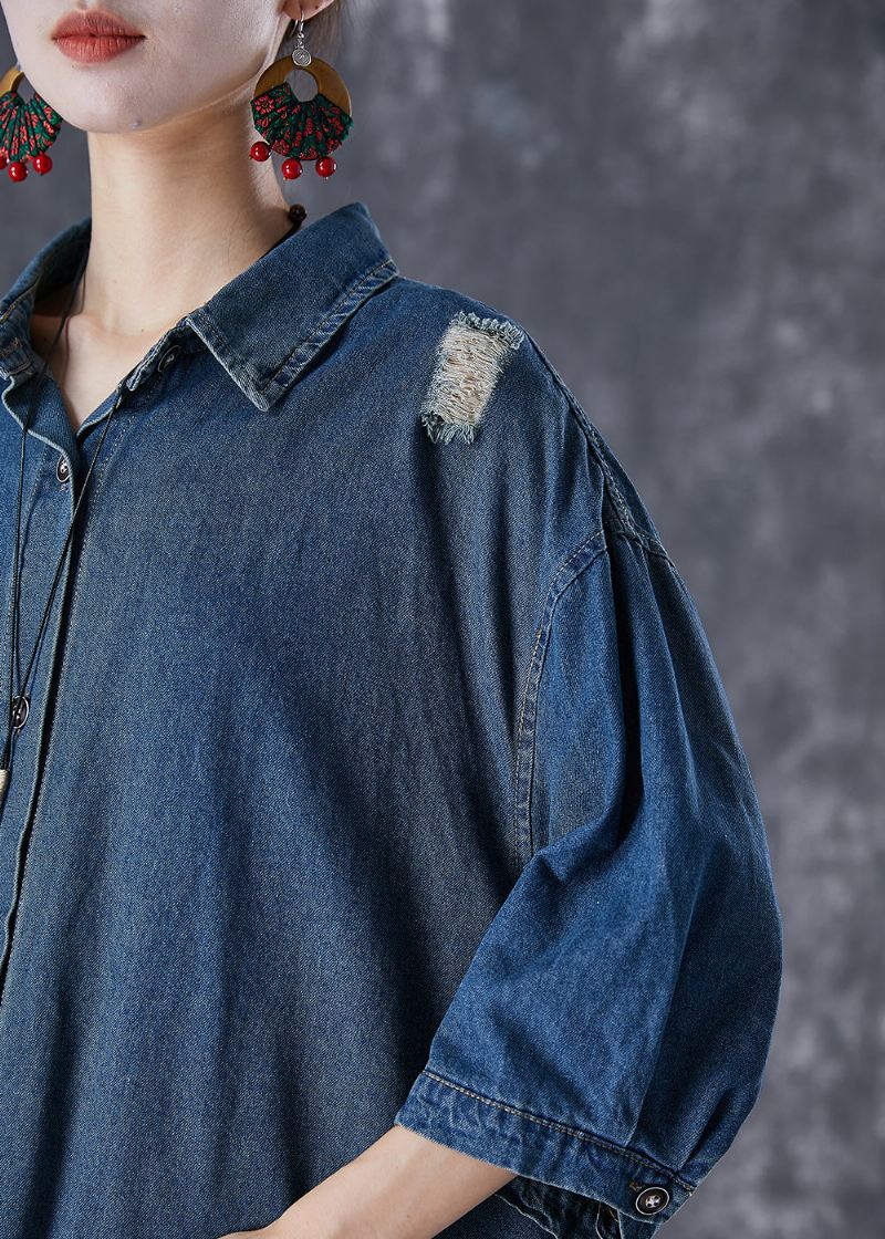 Plus Size Blue Oversized Patchwork Denim Ripped Trench Coats Fall - Trenchcoats for kvinner