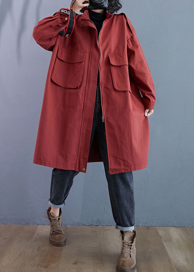 Plus Size Brick Red Zip Up Lommer Patchwork Cotton Trench Coats Fall