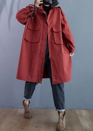 Plus Size Brick Red Zip Up Lommer Patchwork Cotton Trench Coats Fall