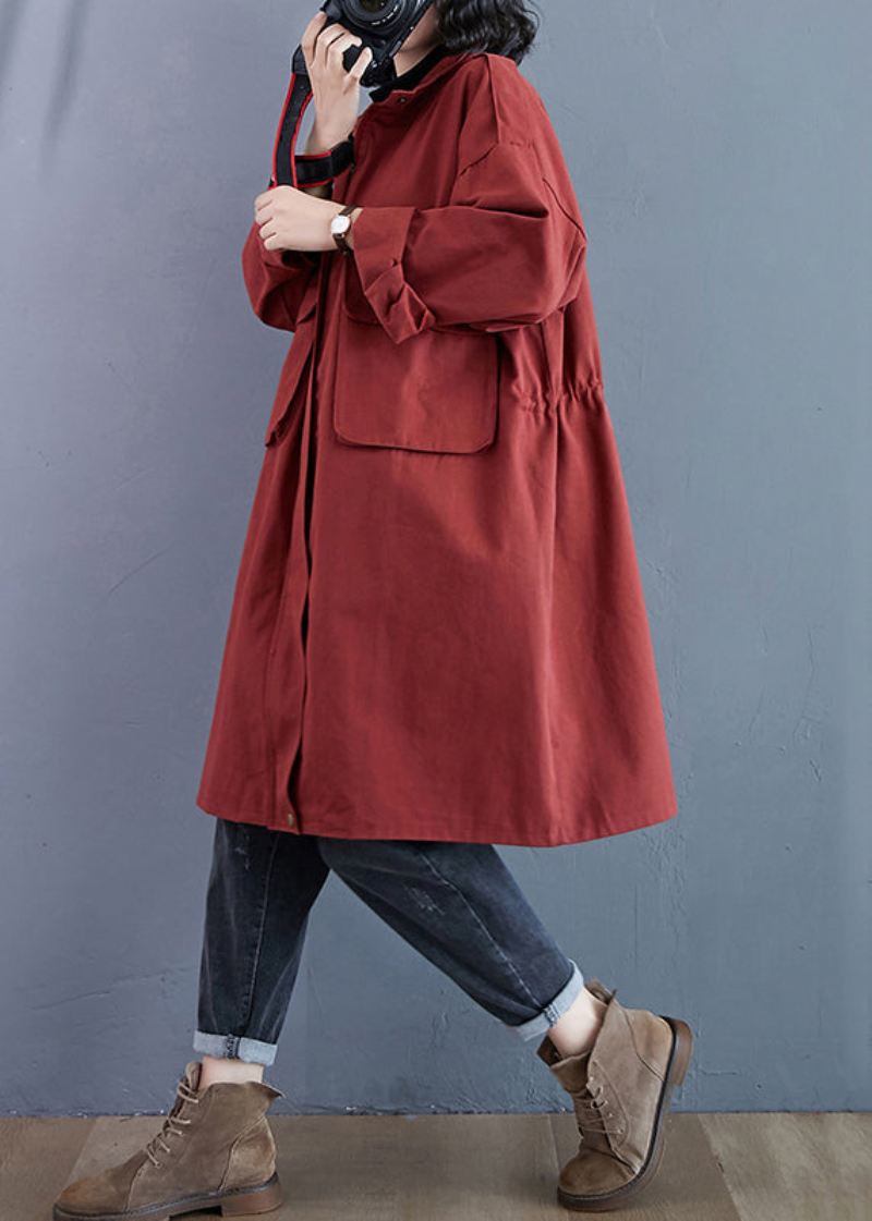 Plus Size Brick Red Zip Up Lommer Patchwork Cotton Trench Coats Fall - Trenchcoats for kvinner