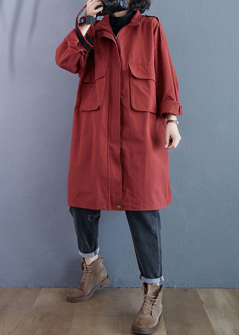 Plus Size Brick Red Zip Up Lommer Patchwork Cotton Trench Coats Fall - Trenchcoats for kvinner