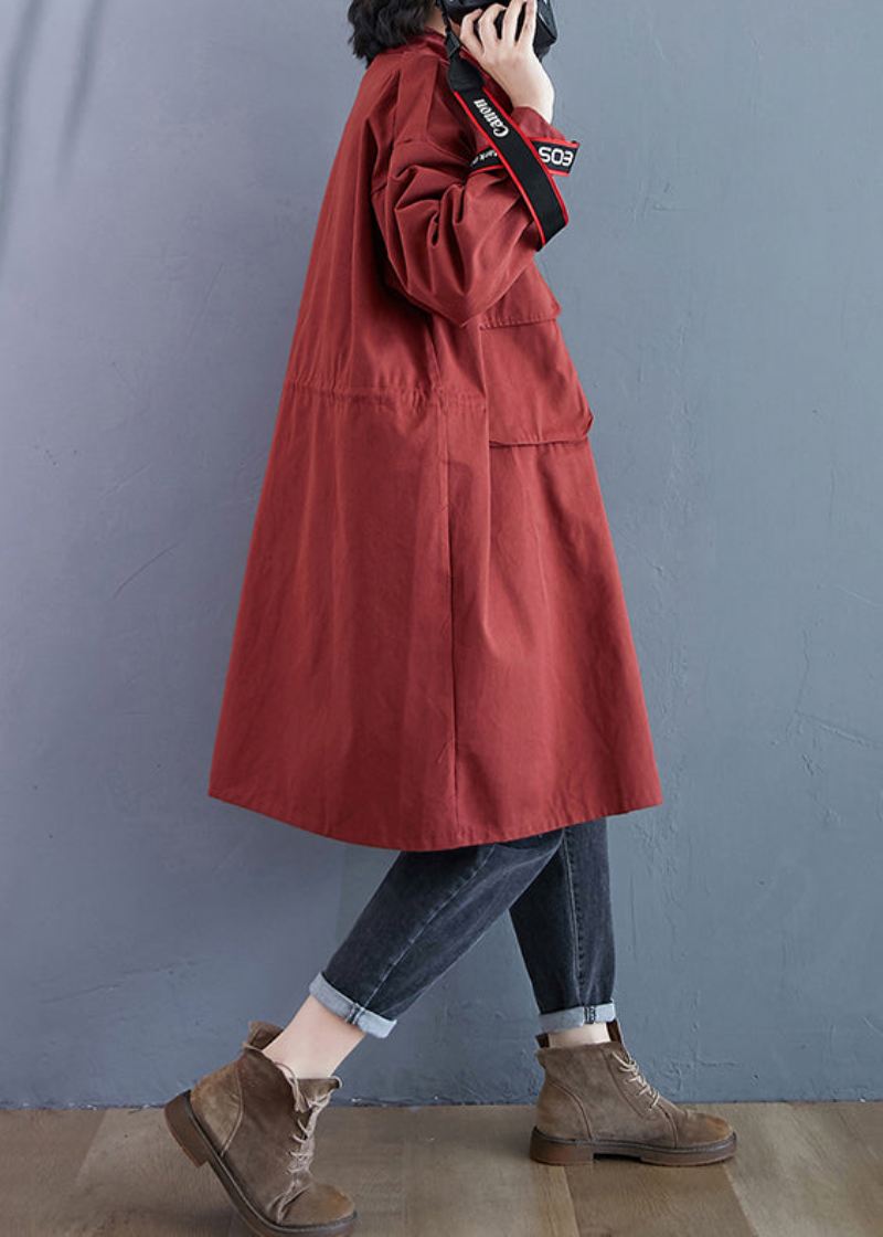 Plus Size Brick Red Zip Up Lommer Patchwork Cotton Trench Coats Fall - Trenchcoats for kvinner