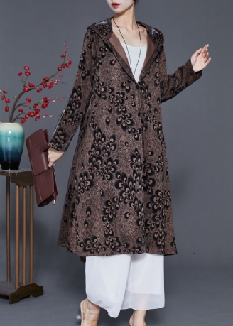 Plus Size Brown Hette Print Spandex Coat Yttertøy Spring