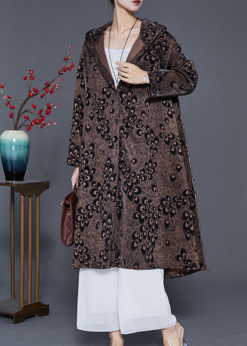 Plus Size Brown Hette Print Spandex Coat Yttertøy Spring - Trenchcoats for kvinner