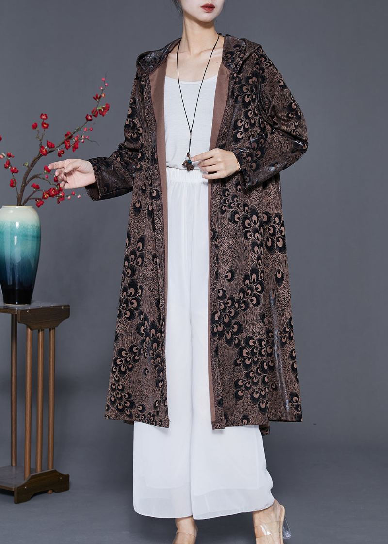 Plus Size Brown Hette Print Spandex Coat Yttertøy Spring - Trenchcoats for kvinner