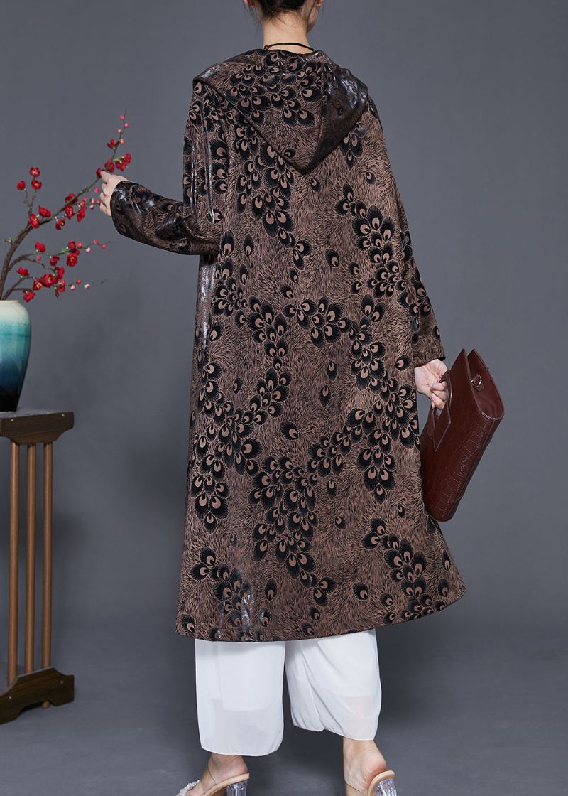 Plus Size Brown Hette Print Spandex Coat Yttertøy Spring - Trenchcoats for kvinner