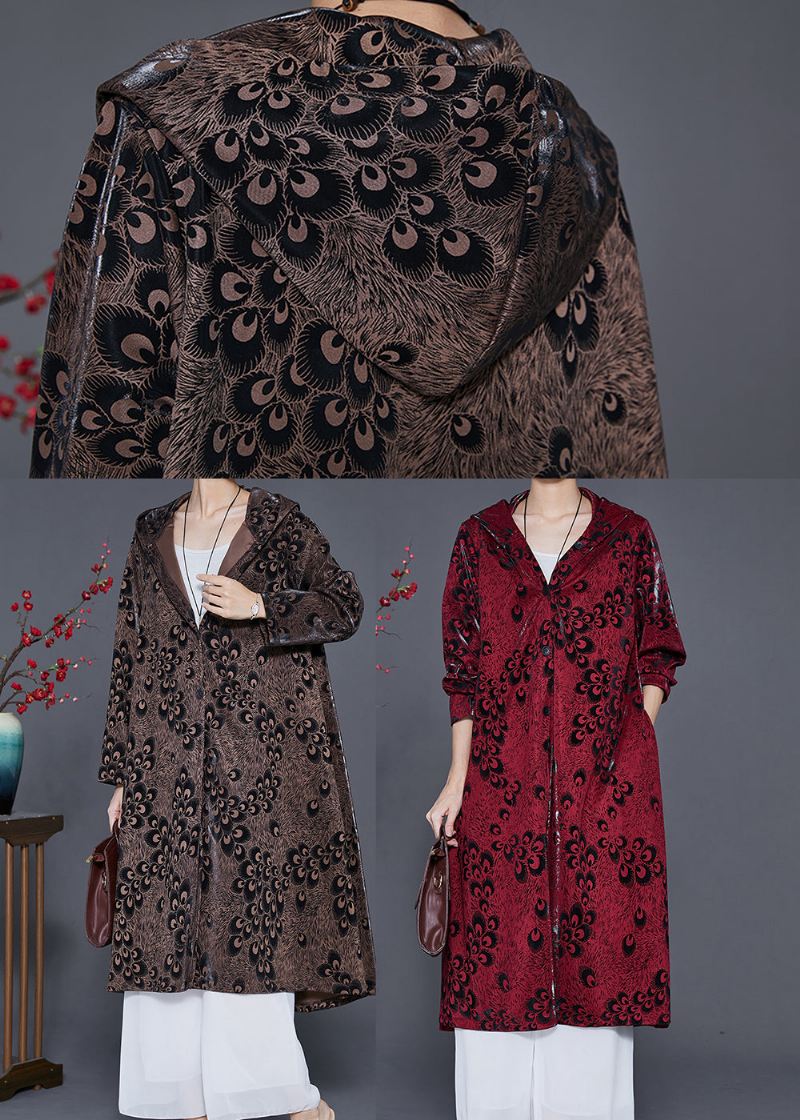 Plus Size Brown Hette Print Spandex Coat Yttertøy Spring - Trenchcoats for kvinner