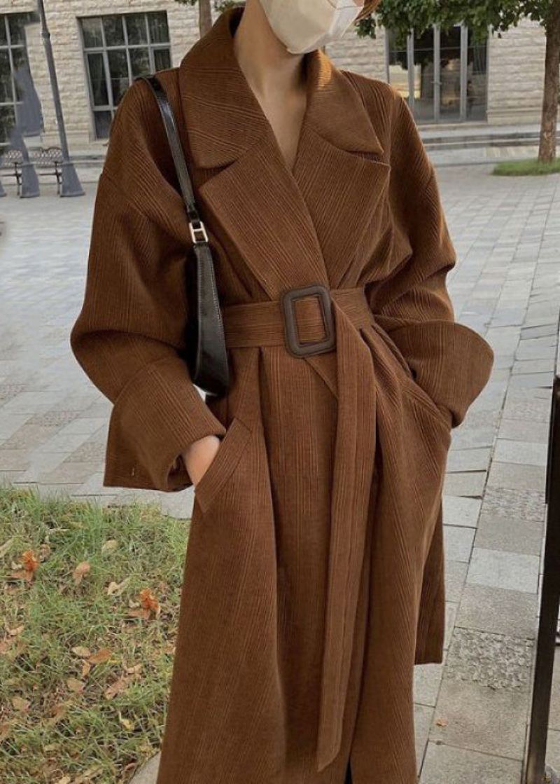 Plus Size Brune Hakklommer Sashes Trench Coat Spring