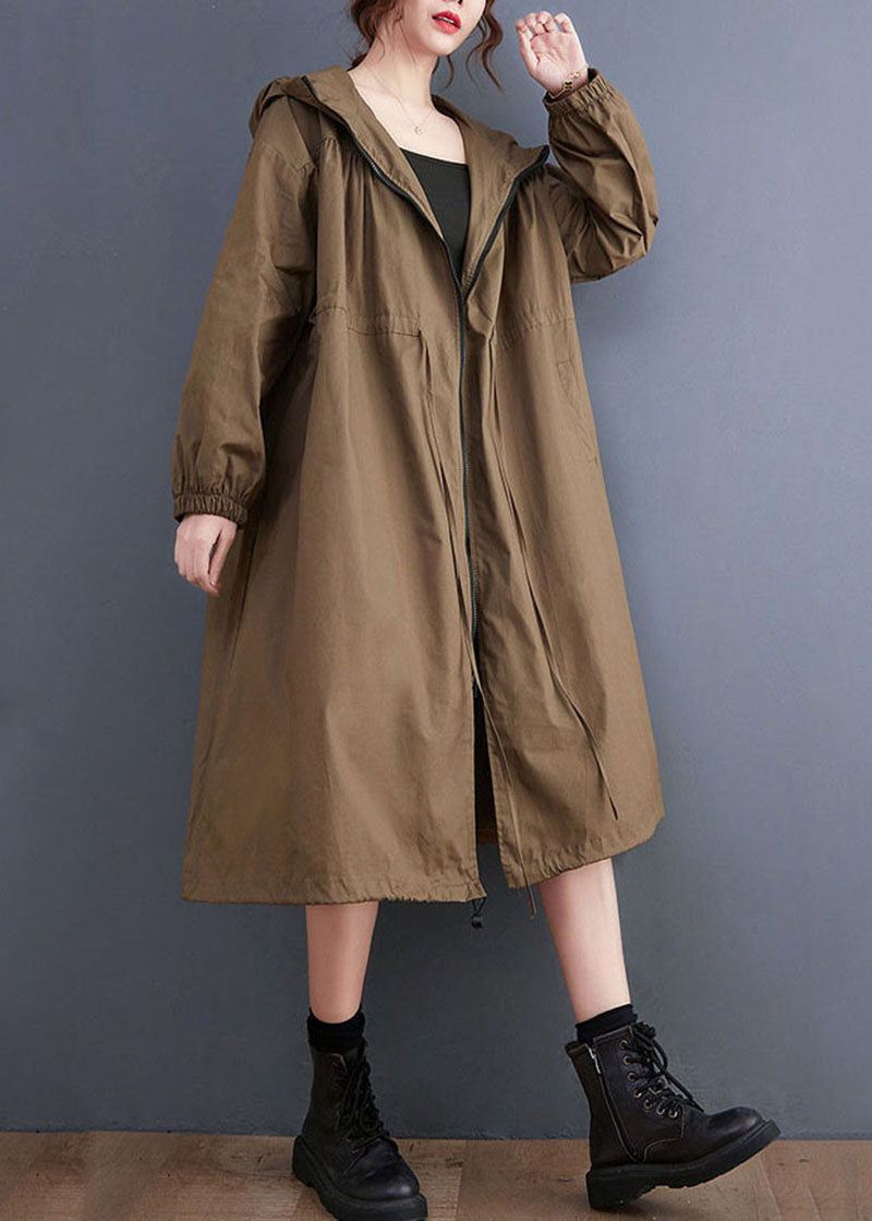 Plus Size Coffee Zip Up Snøring Rynket Bomull Hettegenser Coat Spring