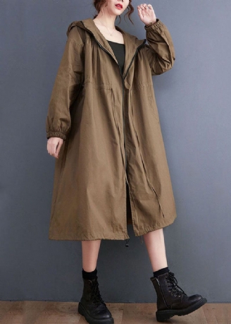 Plus Size Coffee Zip Up Snøring Rynket Bomull Hettegenser Coat Spring