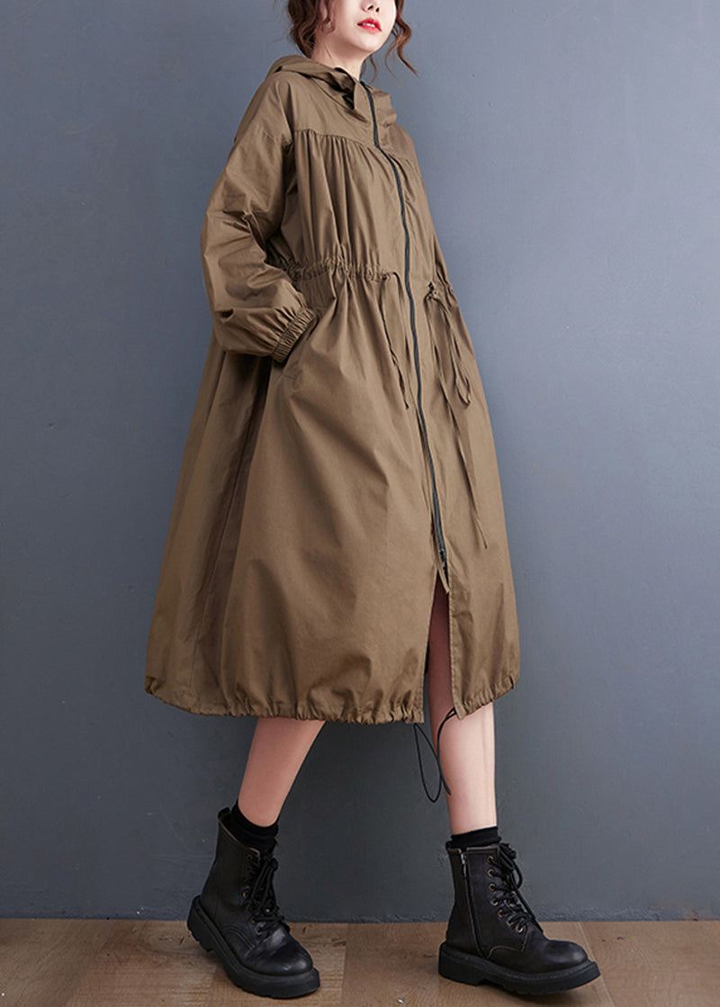 Plus Size Coffee Zip Up Snøring Rynket Bomull Hettegenser Coat Spring - Trenchcoats for kvinner