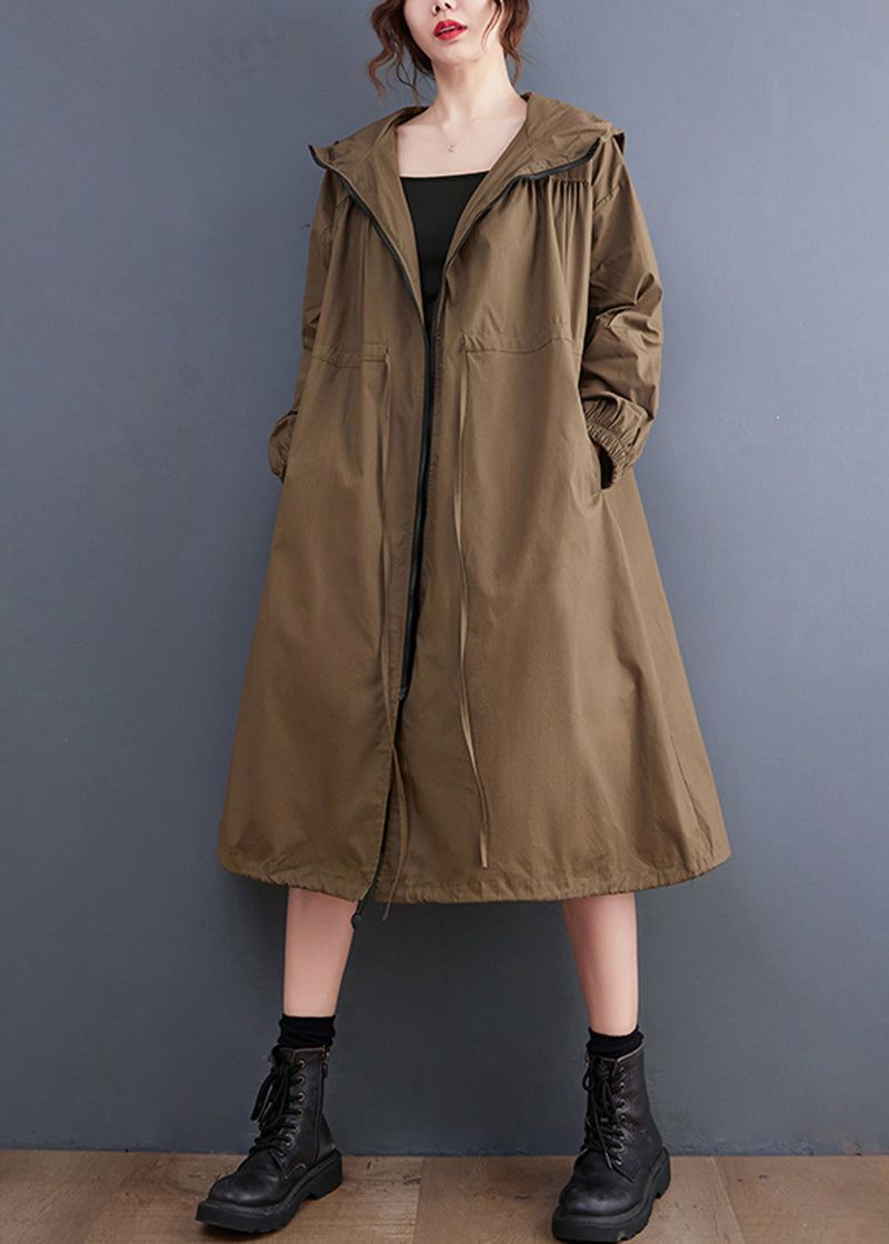 Plus Size Coffee Zip Up Snøring Rynket Bomull Hettegenser Coat Spring - Trenchcoats for kvinner